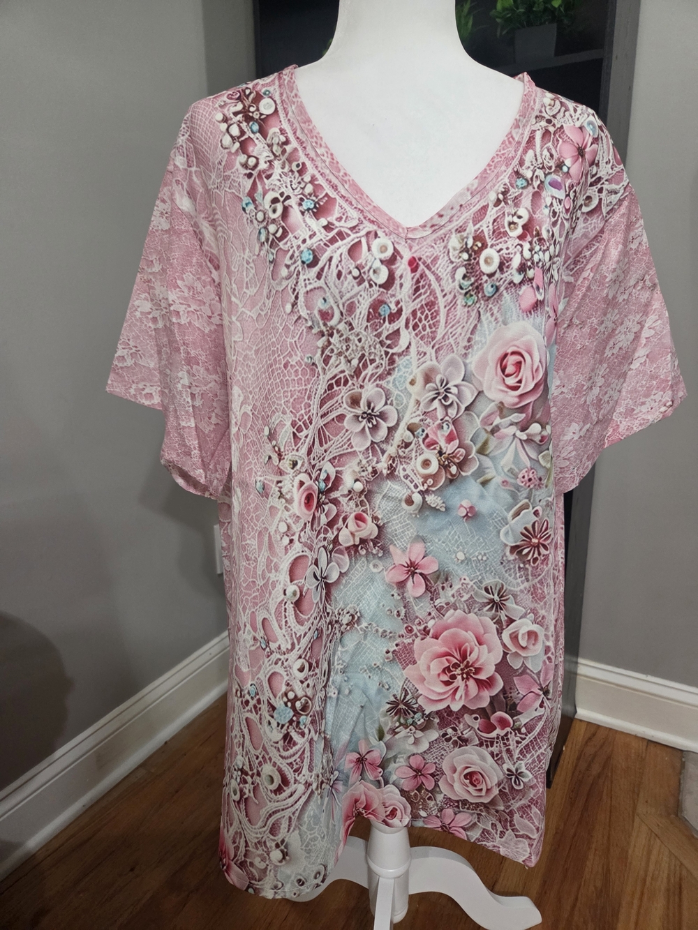 Pink Floral Lace V-Neck Tunic Top Womens Plus